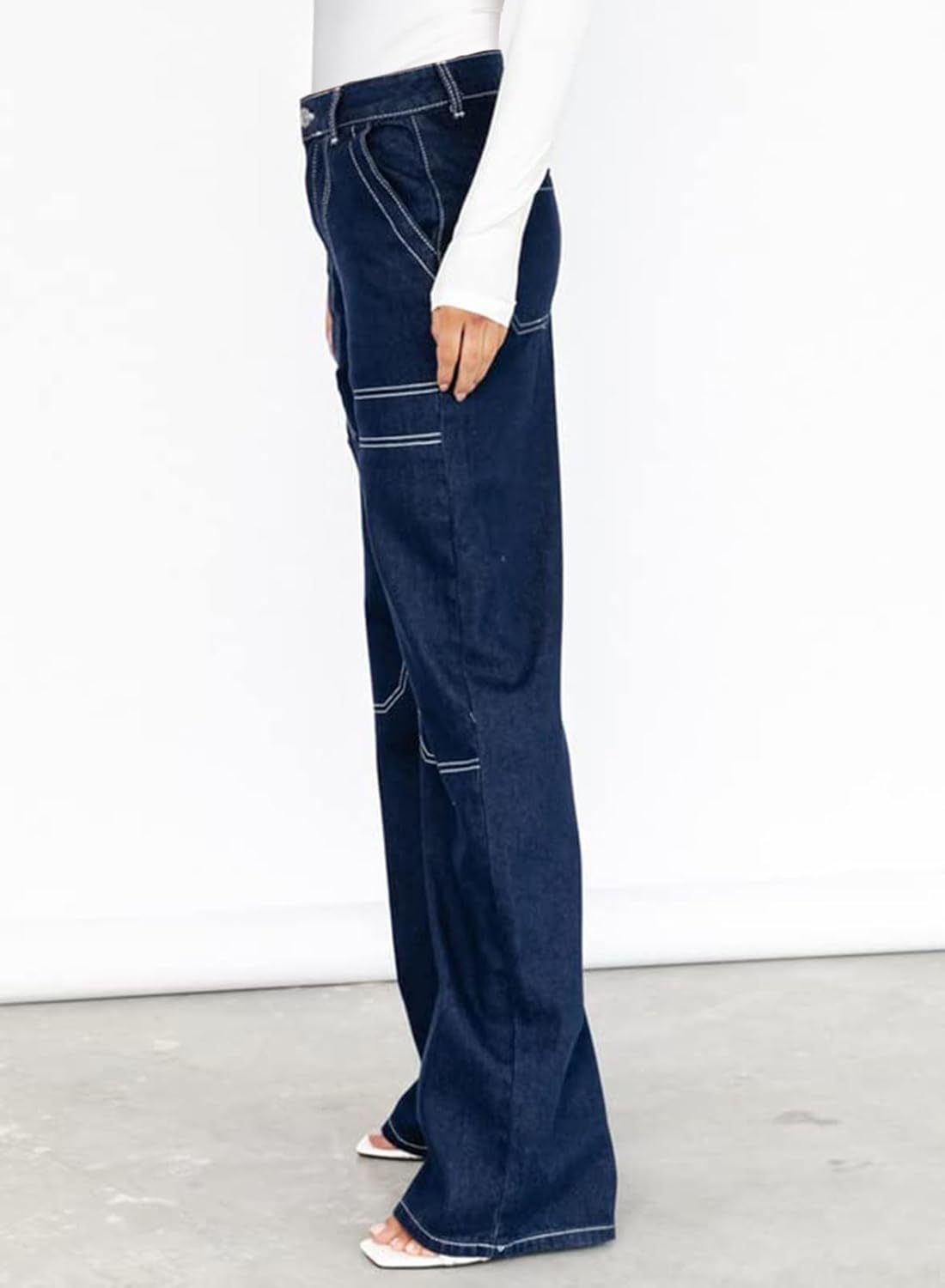 Dokotoo Women's Casual Mid Waist Cargo Jeans Stretch Wide Leg Denim Pants with Pockets