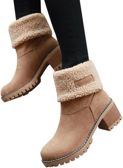 Women's Solid Color Fuzzy Boots, Soft Sole Chunky Heel Fleece Lining Boots, Winter Non-slip Snow Boots