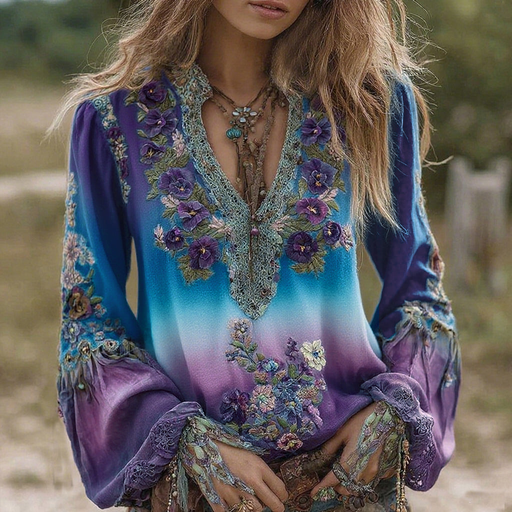 Vintage Classy Gradient Purple Pansy Embroidered Art Linen Long Sleeve Blouse
