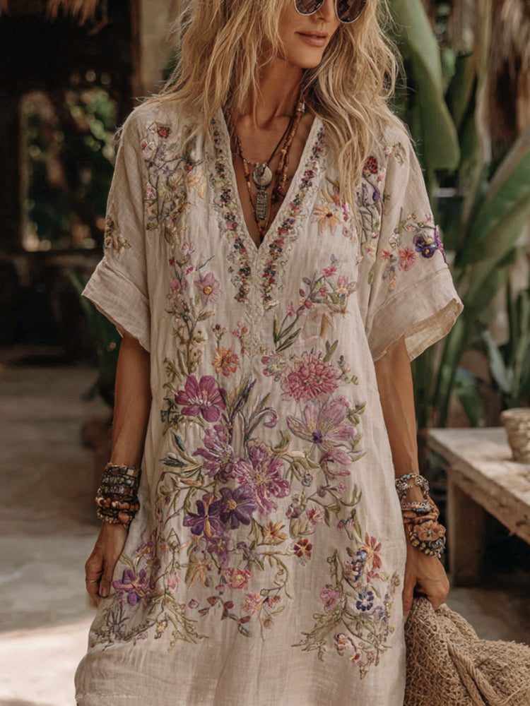 Women's Floral Embroidery Art V Neck Comfy Midi Dress