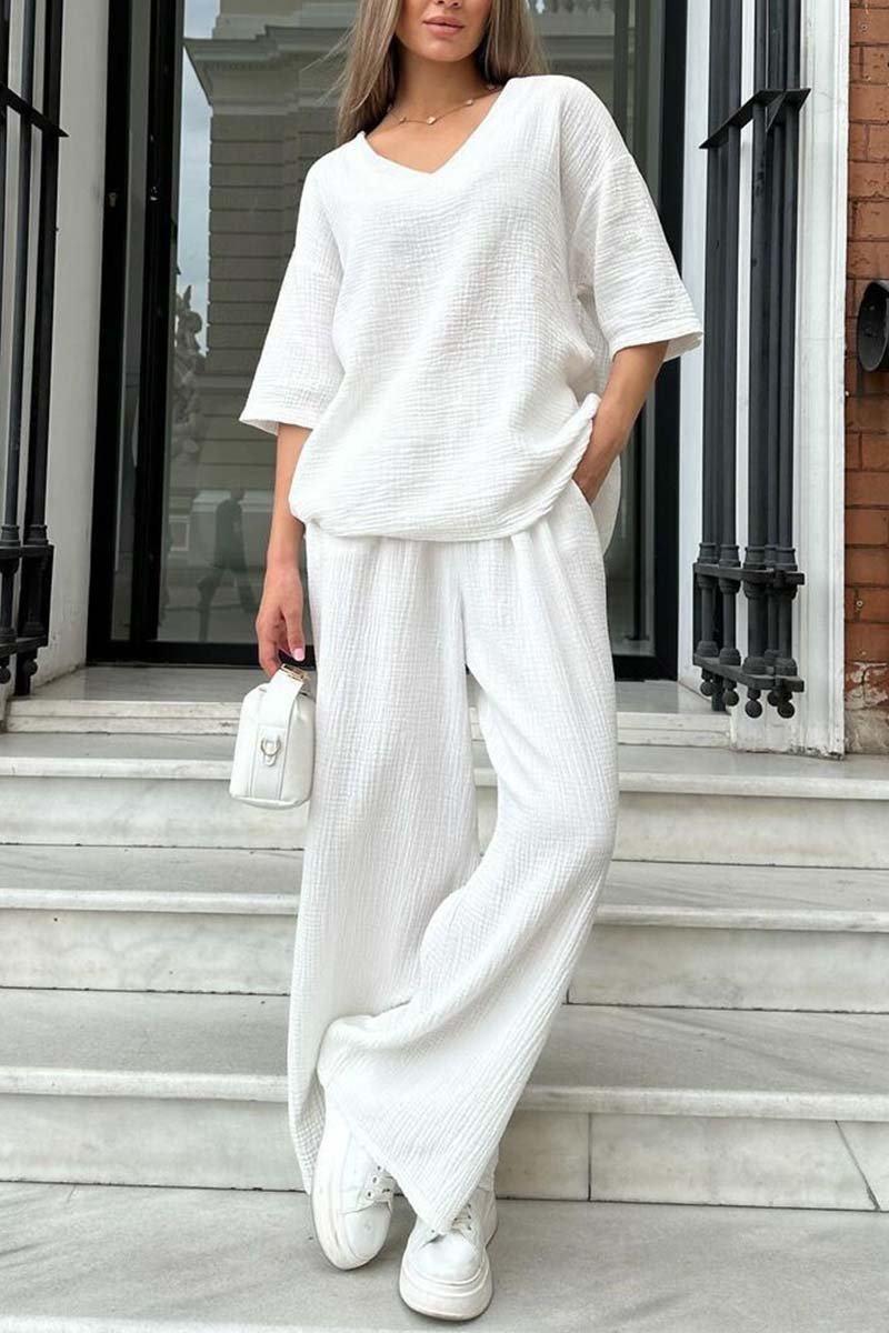 Women's casual V-neck short-sleeved solid color two-piece set
