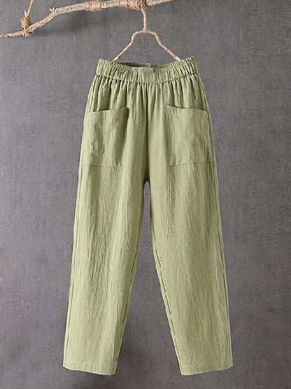 Women's Pockets Design Linen Blend Elastic Waist Pants