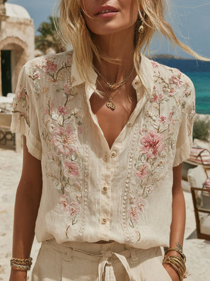Women's Vintage Embroidery Floral Art Short Sleeve Shirt