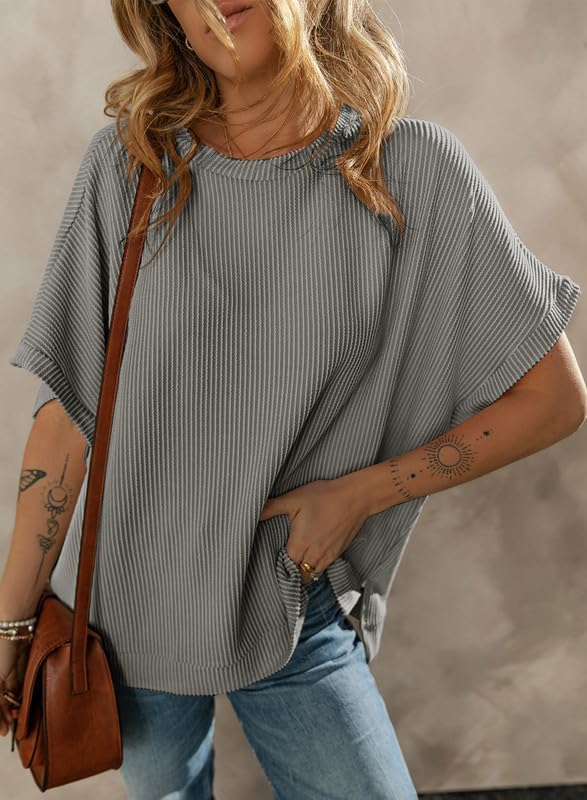 Dokotoo Women's Casual Oversized Short Sleeve Solid Color Loose Texture Knit Tunic Tops Blouses