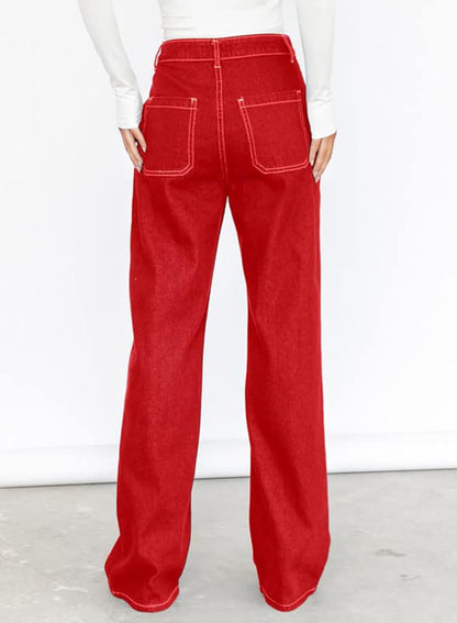 Dokotoo Women's Casual Mid Waist Cargo Jeans Stretch Wide Leg Denim Pants with Pockets