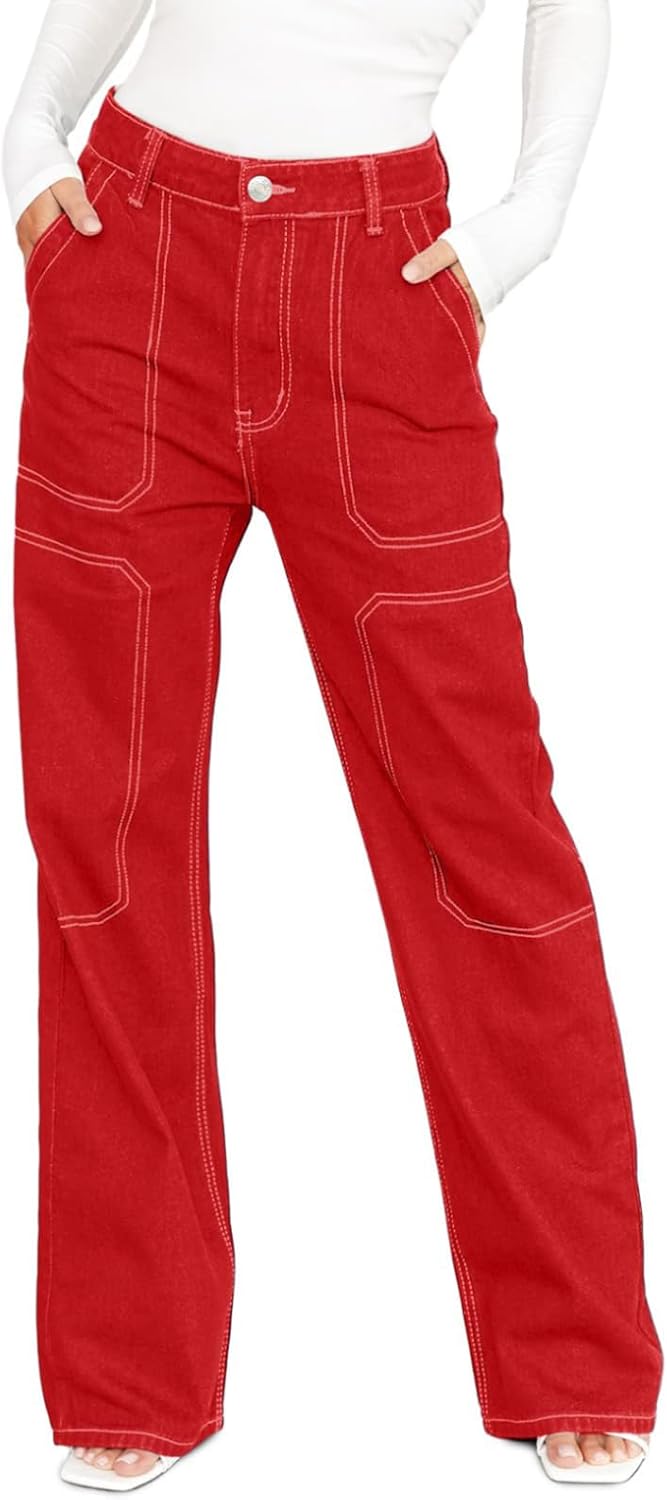Dokotoo Women's Casual Mid Waist Cargo Jeans Stretch Wide Leg Denim Pants with Pockets