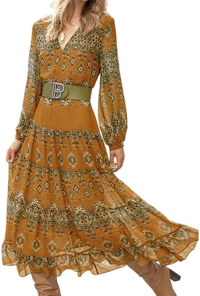 Women's Flowy Ethnic Puff Long Sleeve Midi Dress Casual Boho Floral Swing V-Neck Vacation Ruffle Dress with Belt