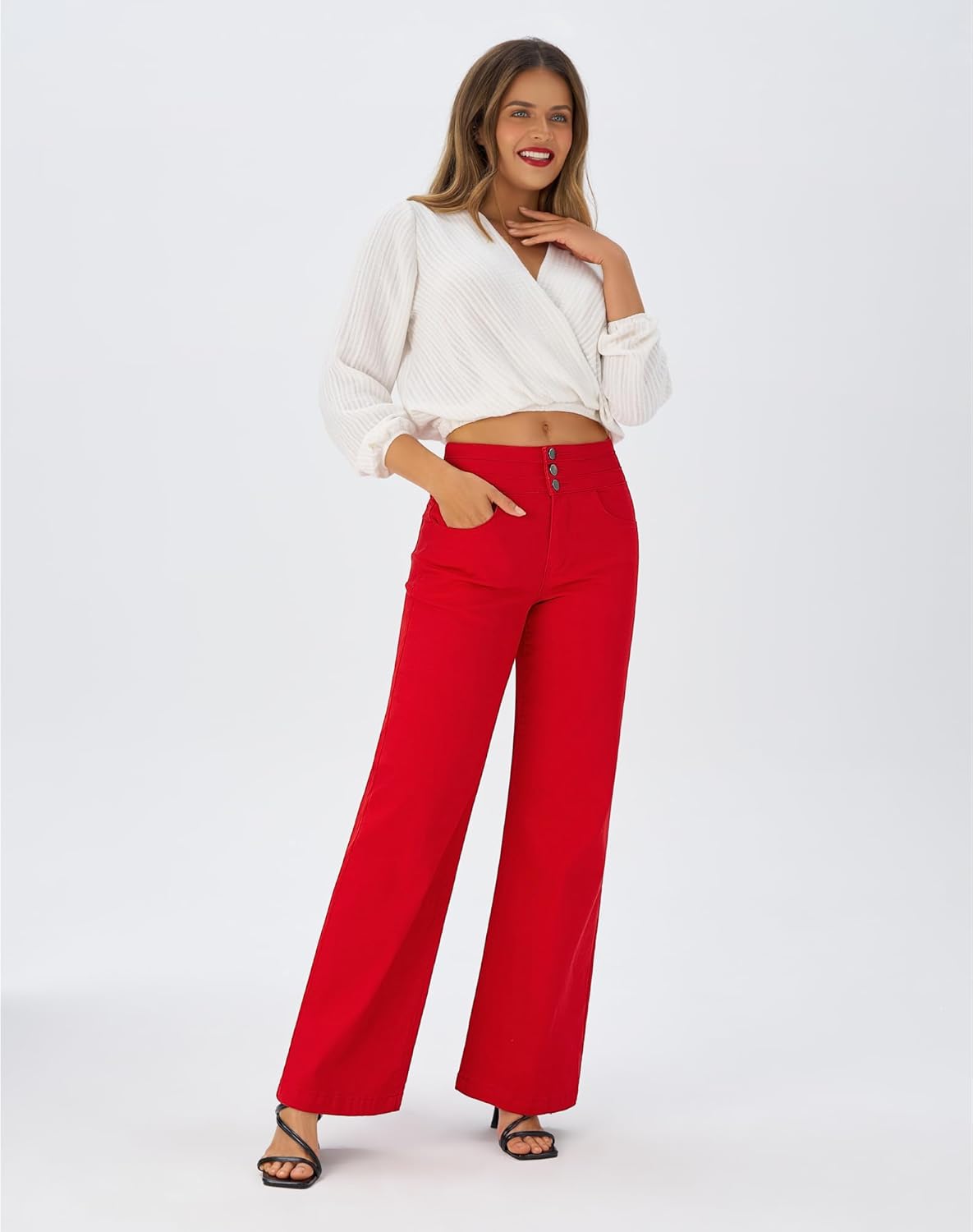 roswear Women's Wide Leg Jeans Casual High Waisted Stretch Baggy Loose Denim Pants