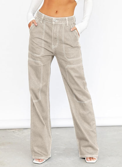 Dokotoo Women's Casual Mid Waist Cargo Jeans Stretch Wide Leg Denim Pants with Pockets