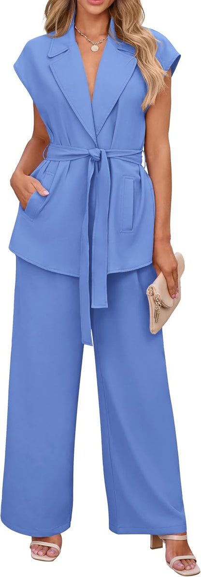PRETTYGARDEN Women's Summer 2 Piece Outfits 2025 Cap Sleeve V Neck Blazer Vest Wide Leg Pant Sets Office Work Clothes