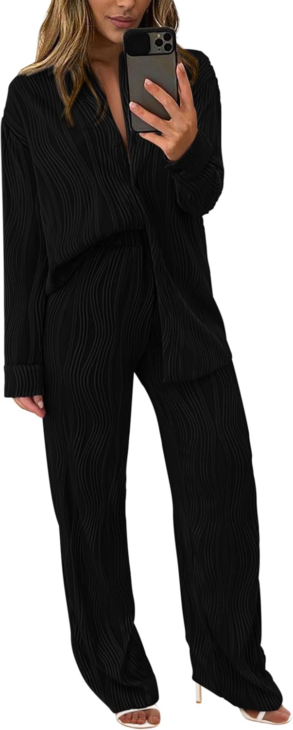 Women's 2 Piece Textured Sets Casual Button Down Shirt Wide Leg Pants Outfit Loungewear Tracksuit