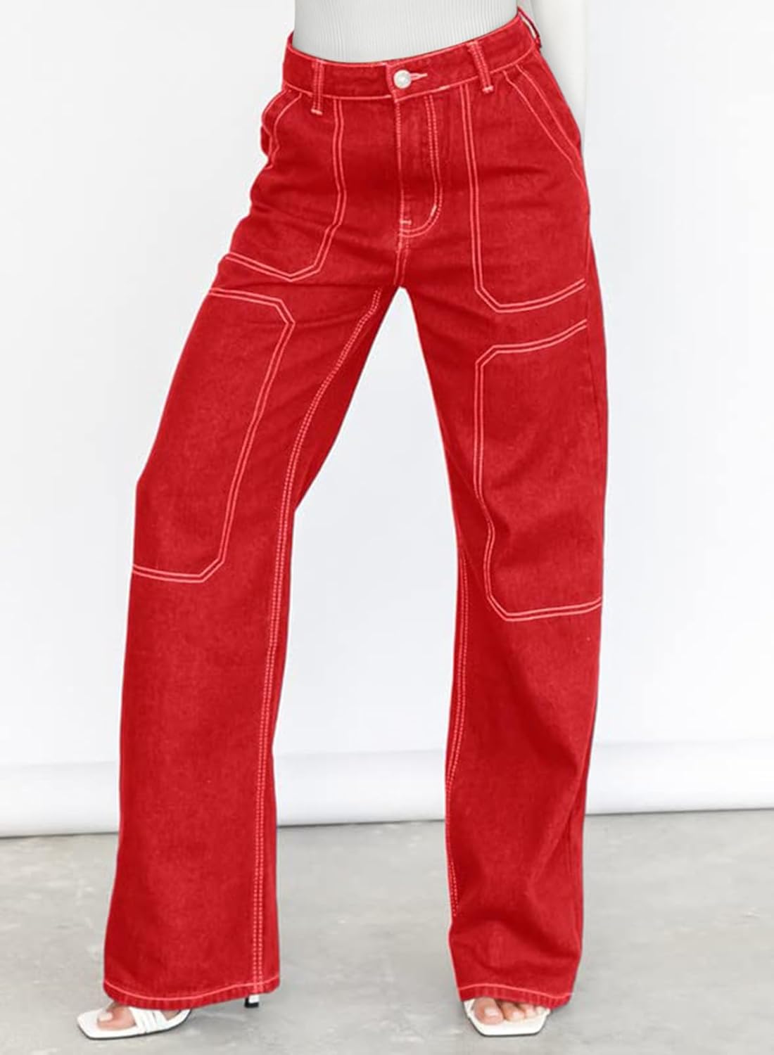 Dokotoo Women's Casual Mid Waist Cargo Jeans Stretch Wide Leg Denim Pants with Pockets