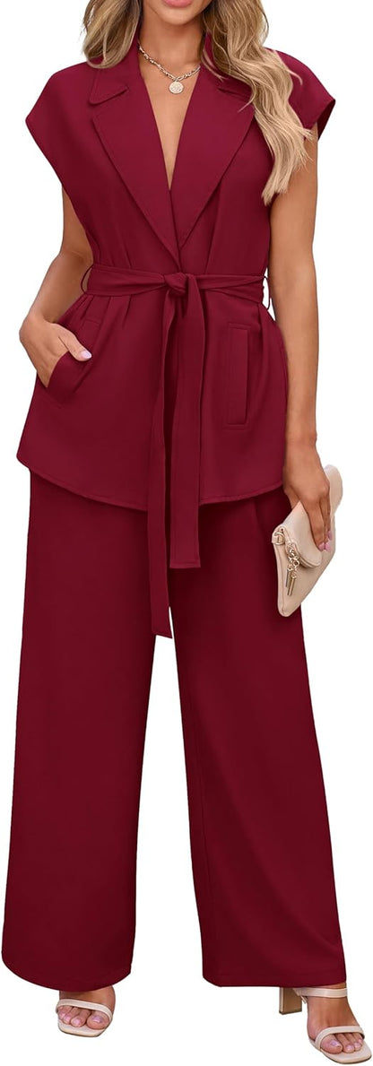 PRETTYGARDEN Women's Summer 2 Piece Outfits 2025 Cap Sleeve V Neck Blazer Vest Wide Leg Pant Sets Office Work Clothes
