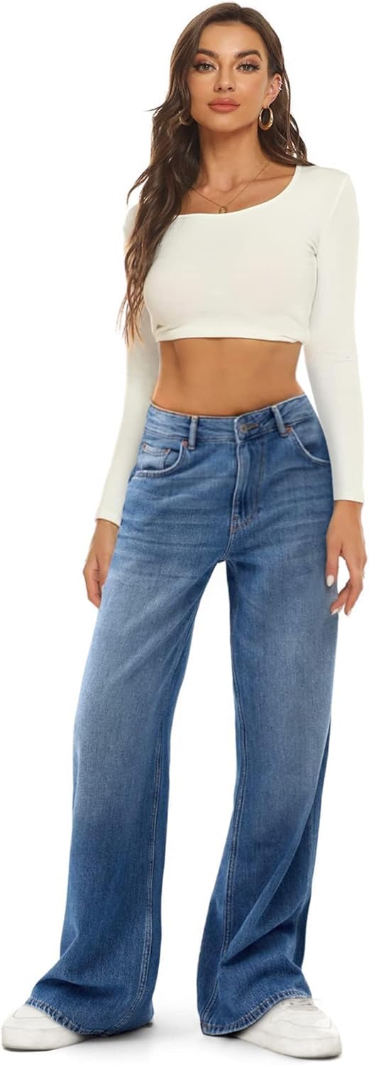HDLTE Women Wide Leg Jeans High Waist Baggy Jeans Loose Boyfriend Jeans Denim Pants Y2K