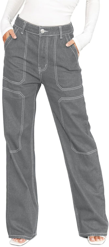 Dokotoo Women's Casual Mid Waist Cargo Jeans Stretch Wide Leg Denim Pants with Pockets