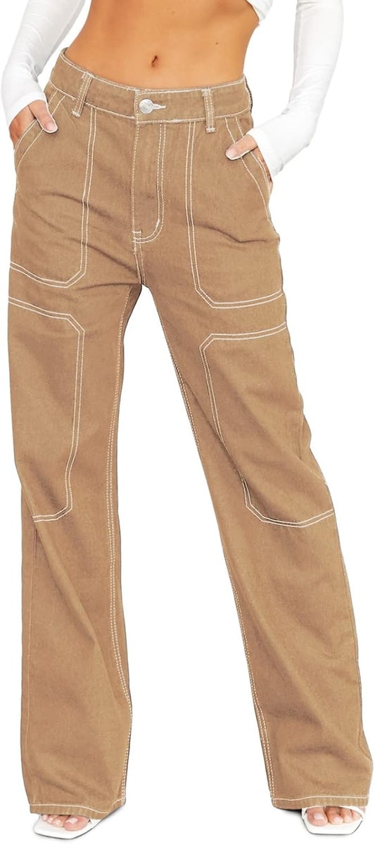 Dokotoo Women's Casual Mid Waist Cargo Jeans Stretch Wide Leg Denim Pants with Pockets