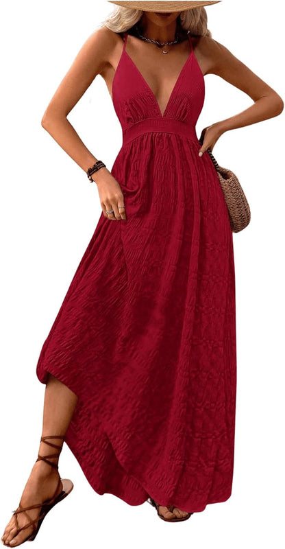 MakeMeChic Women's Boho V Neck Sleeveless Maxi Sundress Floral Print Criss Cross Backless Flare Cami Dress