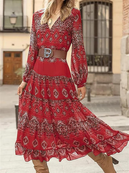 Women's Flowy Ethnic Puff Long Sleeve Midi Dress Casual Boho Floral Swing V-Neck Vacation Ruffle Dress with Belt