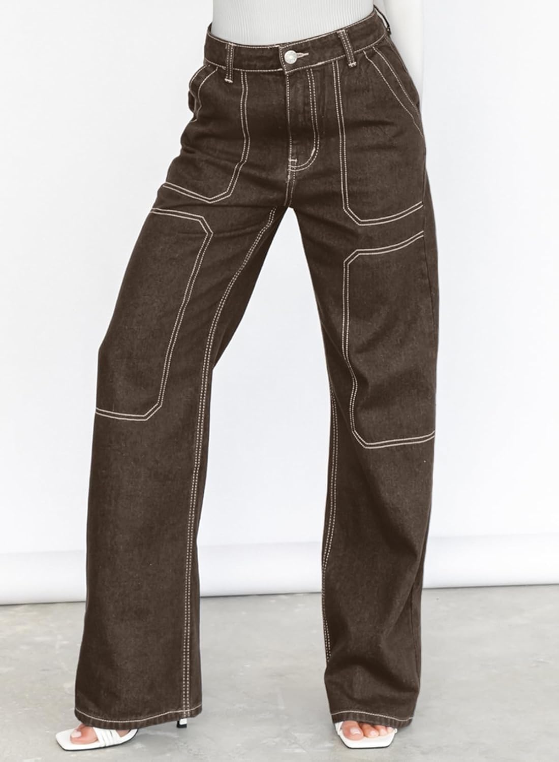 Dokotoo Women's Casual Mid Waist Cargo Jeans Stretch Wide Leg Denim Pants with Pockets