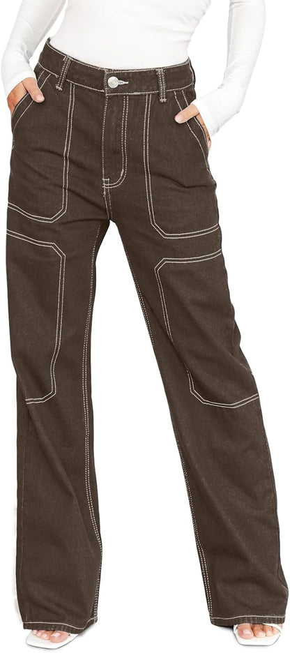 Dokotoo Women's Casual Mid Waist Cargo Jeans Stretch Wide Leg Denim Pants with Pockets