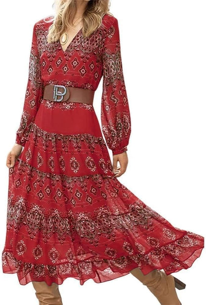 Women's Flowy Ethnic Puff Long Sleeve Midi Dress Casual Boho Floral Swing V-Neck Vacation Ruffle Dress with Belt