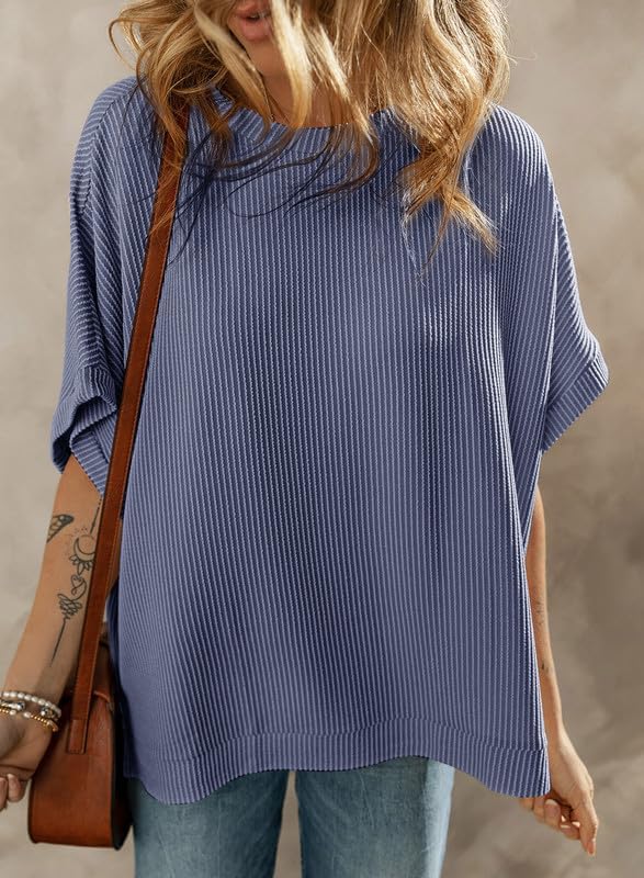 Dokotoo Women's Casual Oversized Short Sleeve Solid Color Loose Texture Knit Tunic Tops Blouses