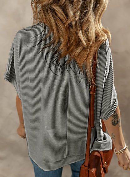 Dokotoo Women's Casual Oversized Short Sleeve Solid Color Loose Texture Knit Tunic Tops Blouses