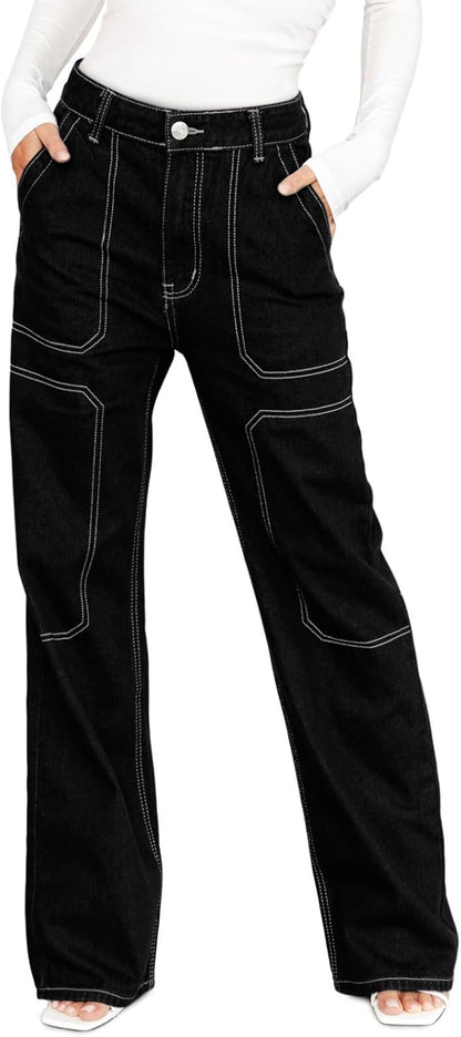 Dokotoo Women's Casual Mid Waist Cargo Jeans Stretch Wide Leg Denim Pants with Pockets