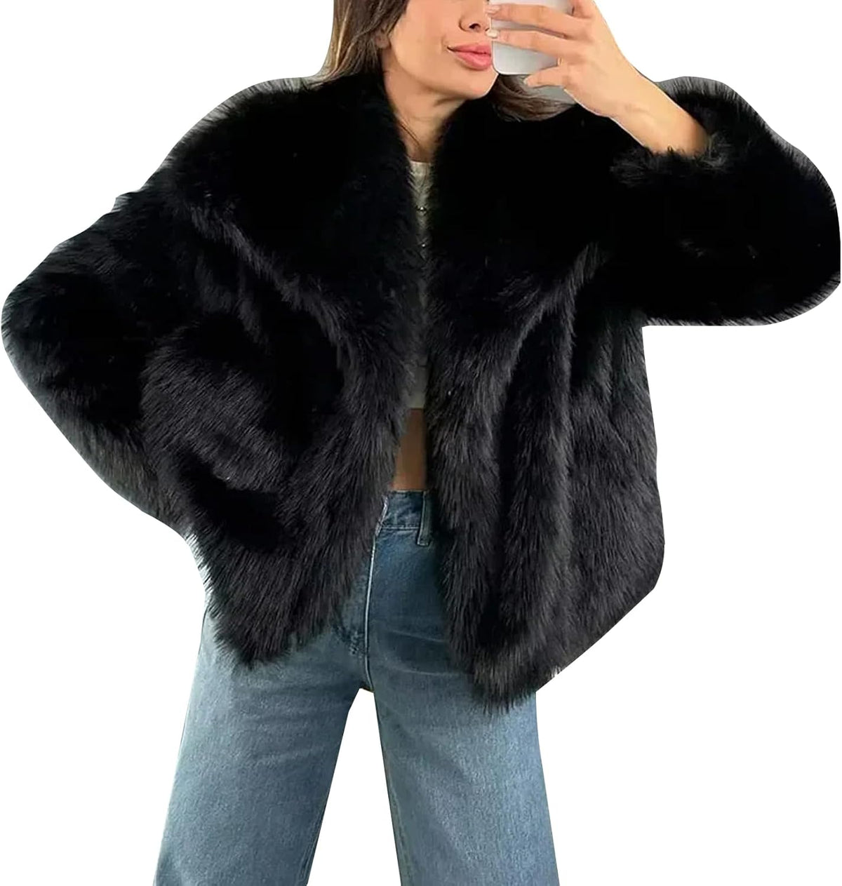 Flygo Women's Faux Fur Coat Fluffy Faux Fur Jacket Long Sleeve Lapel Furry Winter Jackets Shaggy Parka Short Coat