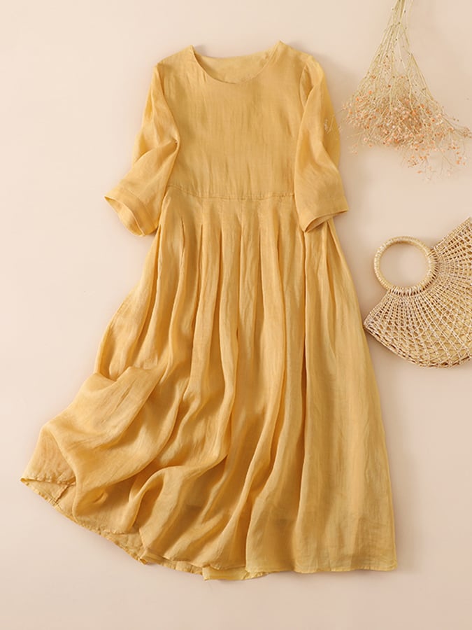 Ramie Solid Loose Pleated Dress
