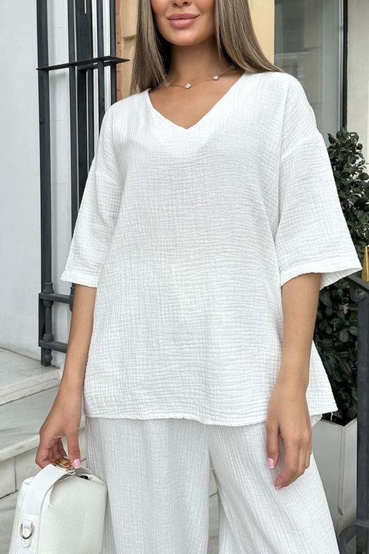 Women's casual V-neck short-sleeved solid color two-piece set