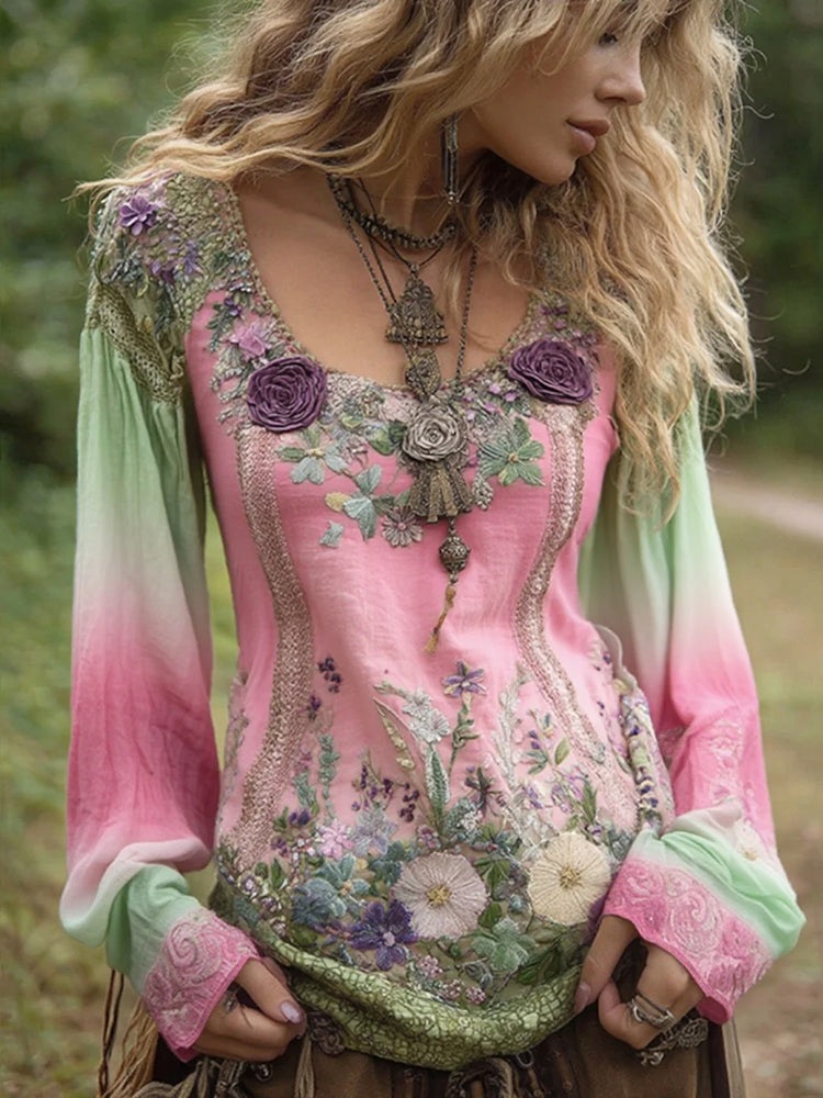 Classy Gradient Purple Lavender And Floral Embroidered Linen Long Sleeve Shirt