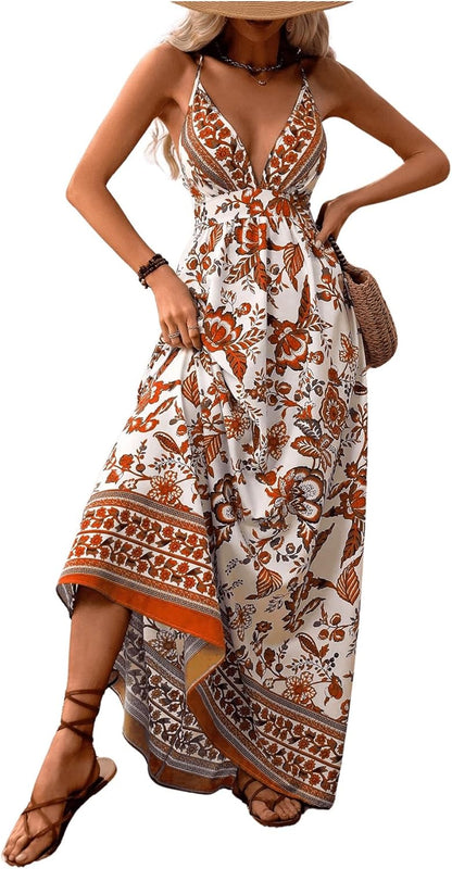 MakeMeChic Women's Boho V Neck Sleeveless Maxi Sundress Floral Print Criss Cross Backless Flare Cami Dress