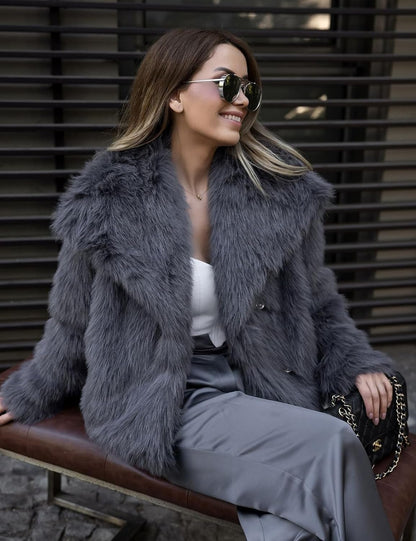 Flygo Women's Faux Fur Coat Fluffy Faux Fur Jacket Long Sleeve Lapel Furry Winter Jackets Shaggy Parka Short Coat