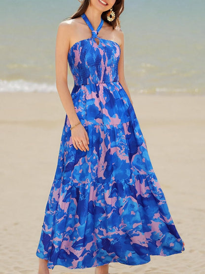 GRACE KARIN Women's Summer Dresses 2025 Halter Neck Sleeveless Smocked Backless Cut Out Floral Flowy A Line Maxi Dress