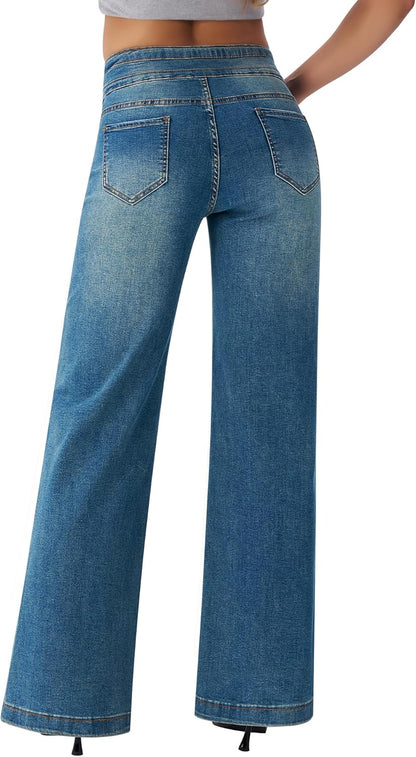 roswear Women's Wide Leg Jeans Casual High Waisted Stretch Baggy Loose Denim Pants