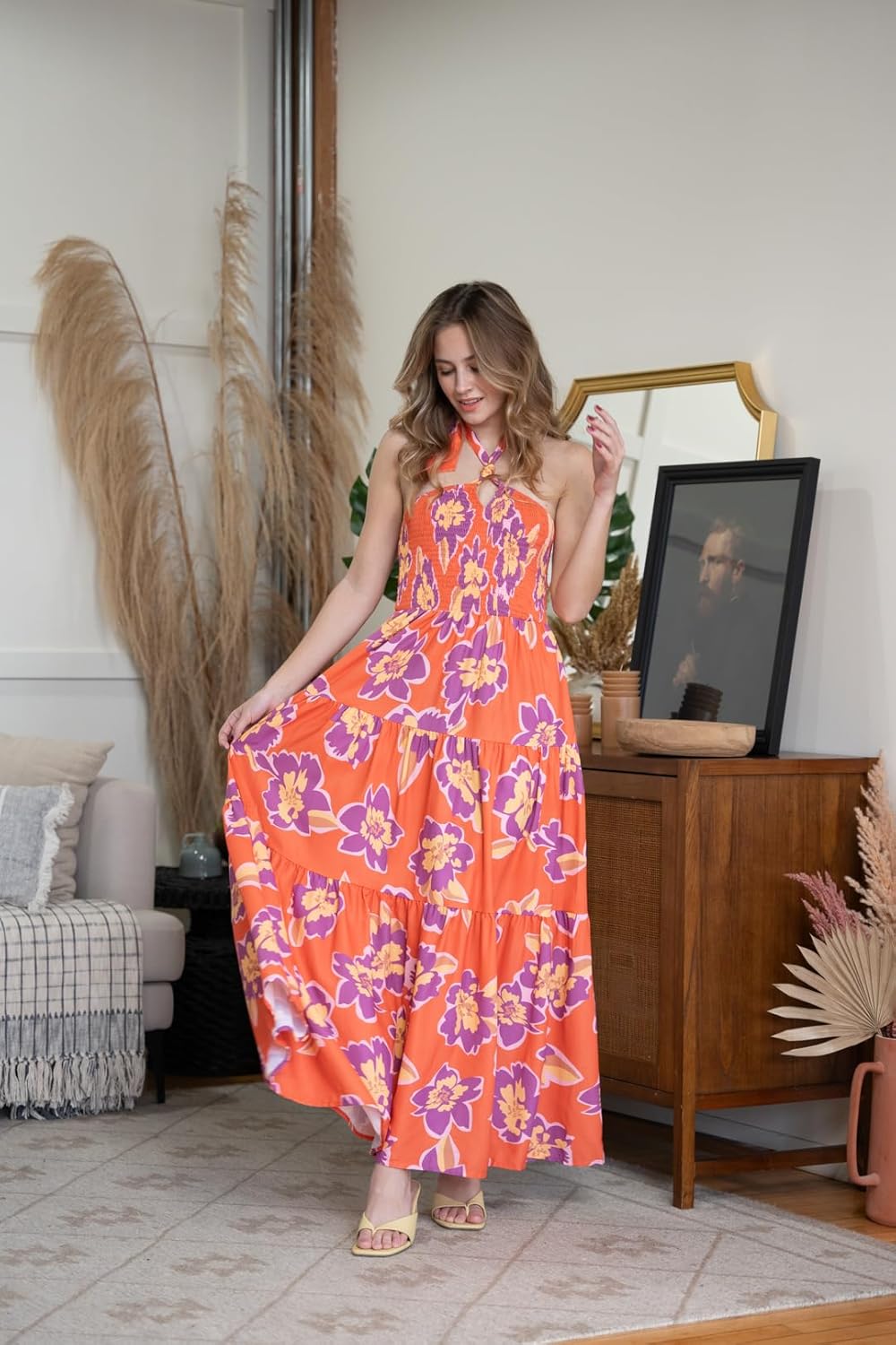 GRACE KARIN Women's Summer Dresses 2025 Halter Neck Sleeveless Smocked Backless Cut Out Floral Flowy A Line Maxi Dress