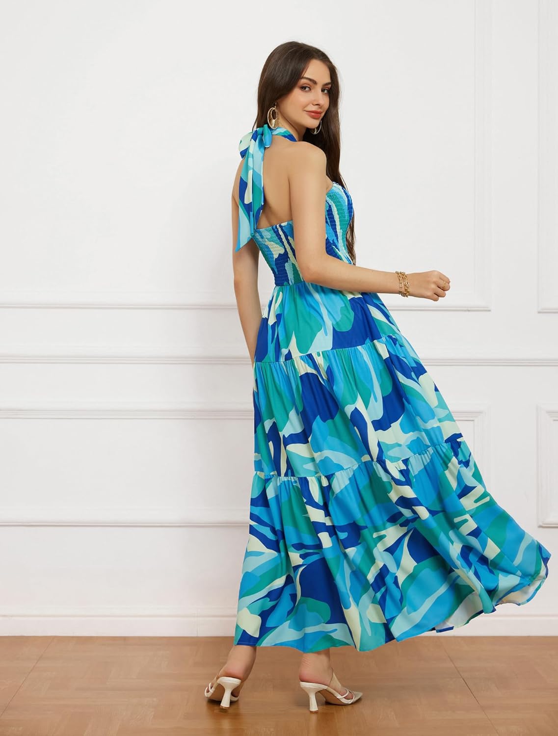 GRACE KARIN Women's Summer Dresses 2025 Halter Neck Sleeveless Smocked Backless Cut Out Floral Flowy A Line Maxi Dress