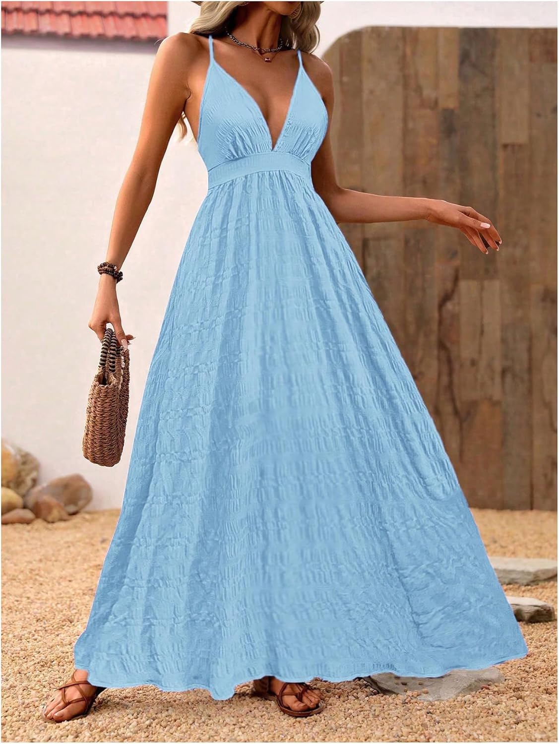 MakeMeChic Women's Boho V Neck Sleeveless Maxi Sundress Floral Print Criss Cross Backless Flare Cami Dress