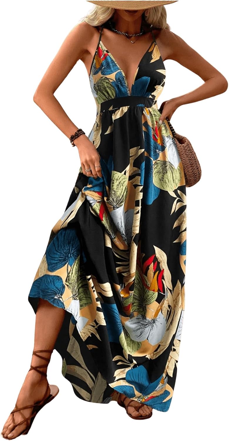 MakeMeChic Women's Boho V Neck Sleeveless Maxi Sundress Floral Print Criss Cross Backless Flare Cami Dress