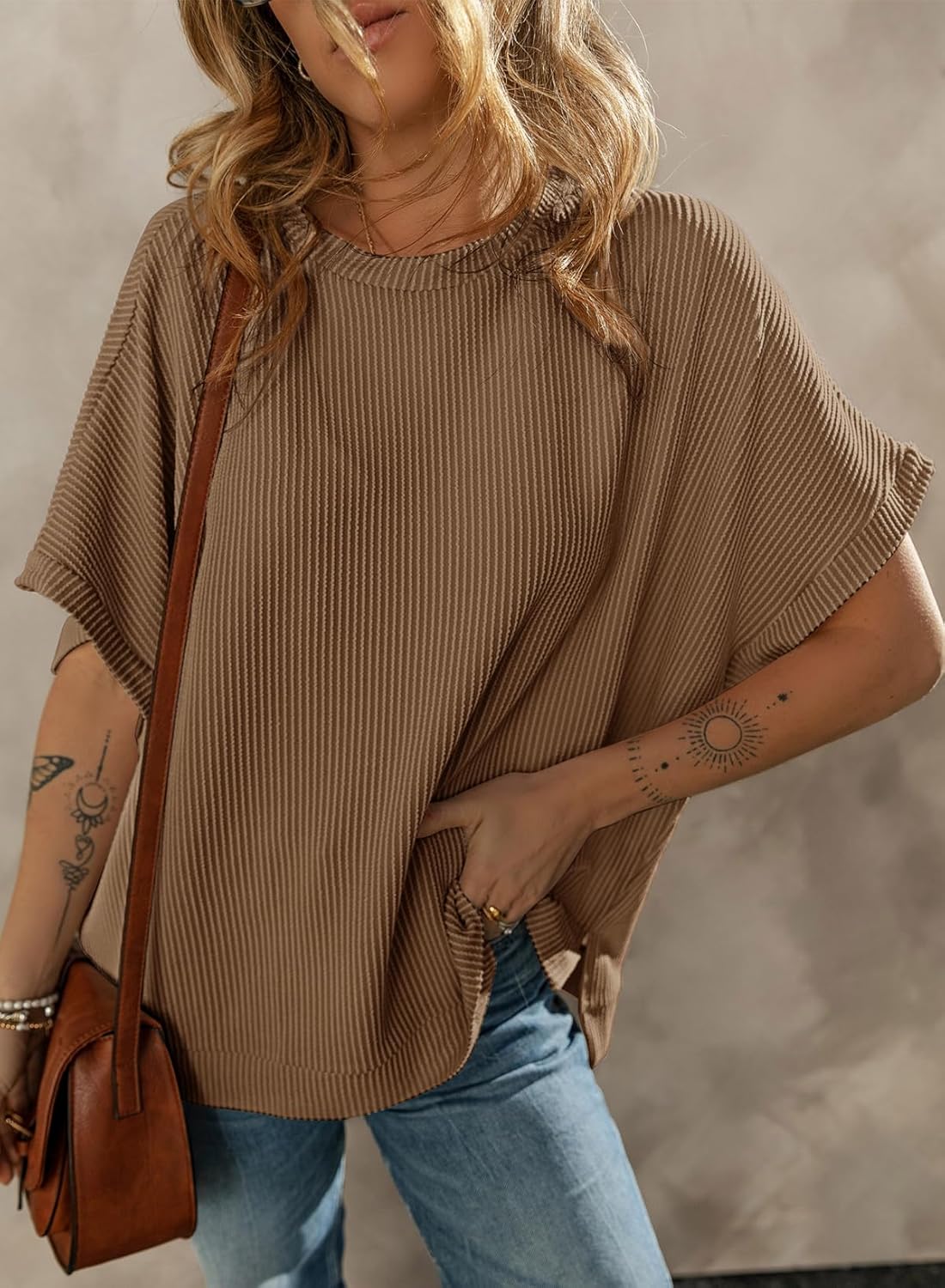 Dokotoo Women's Casual Oversized Short Sleeve Solid Color Loose Texture Knit Tunic Tops Blouses
