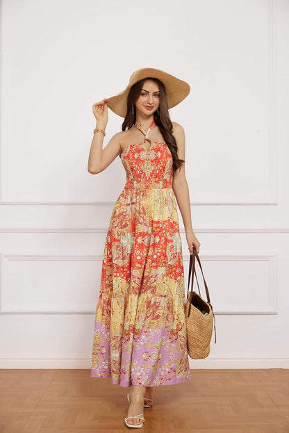 GRACE KARIN Women's Summer Dresses 2025 Halter Neck Sleeveless Smocked Backless Cut Out Floral Flowy A Line Maxi Dress