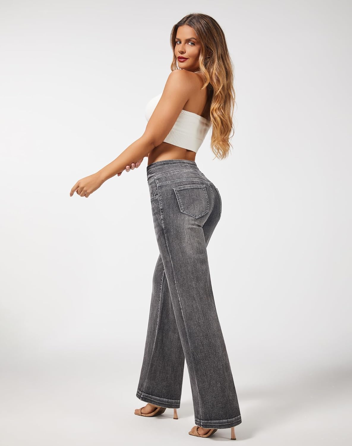 roswear Women's Wide Leg Jeans Casual High Waisted Stretch Baggy Loose Denim Pants