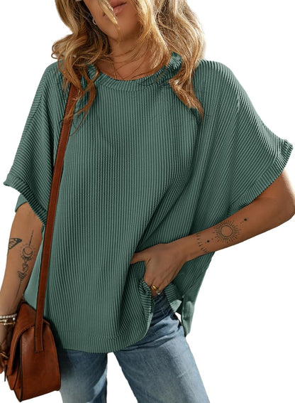 Dokotoo Women's Casual Oversized Short Sleeve Solid Color Loose Texture Knit Tunic Tops Blouses
