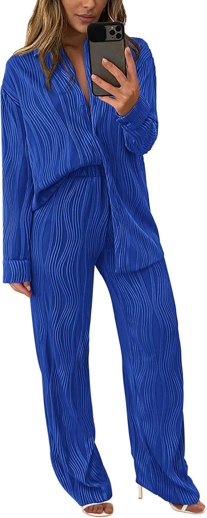 Women's 2 Piece Textured Sets Casual Button Down Shirt Wide Leg Pants Outfit Loungewear Tracksuit