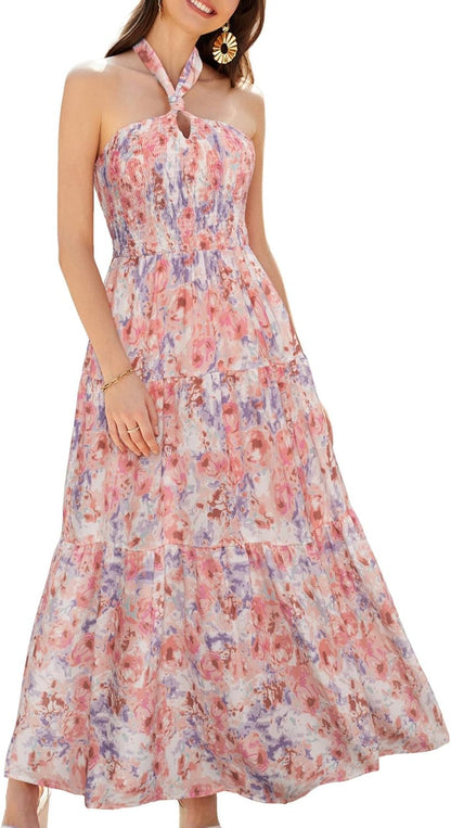 GRACE KARIN Women's Summer Dresses 2025 Halter Neck Sleeveless Smocked Backless Cut Out Floral Flowy A Line Maxi Dress