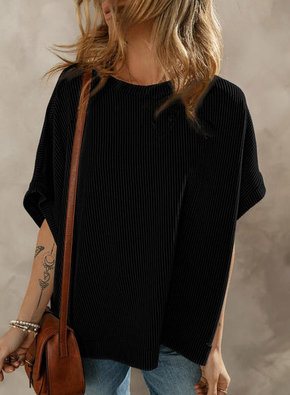 Dokotoo Women's Casual Oversized Short Sleeve Solid Color Loose Texture Knit Tunic Tops Blouses