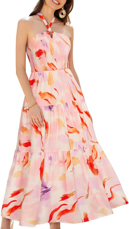 GRACE KARIN Women's Summer Dresses 2025 Halter Neck Sleeveless Smocked Backless Cut Out Floral Flowy A Line Maxi Dress