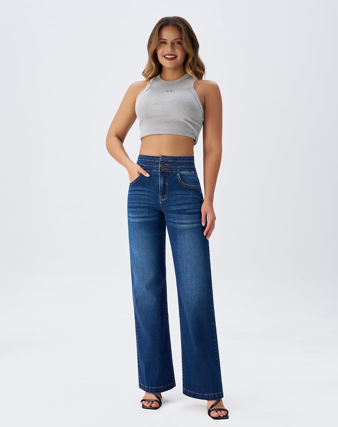 roswear Women's Wide Leg Jeans Casual High Waisted Stretch Baggy Loose Denim Pants