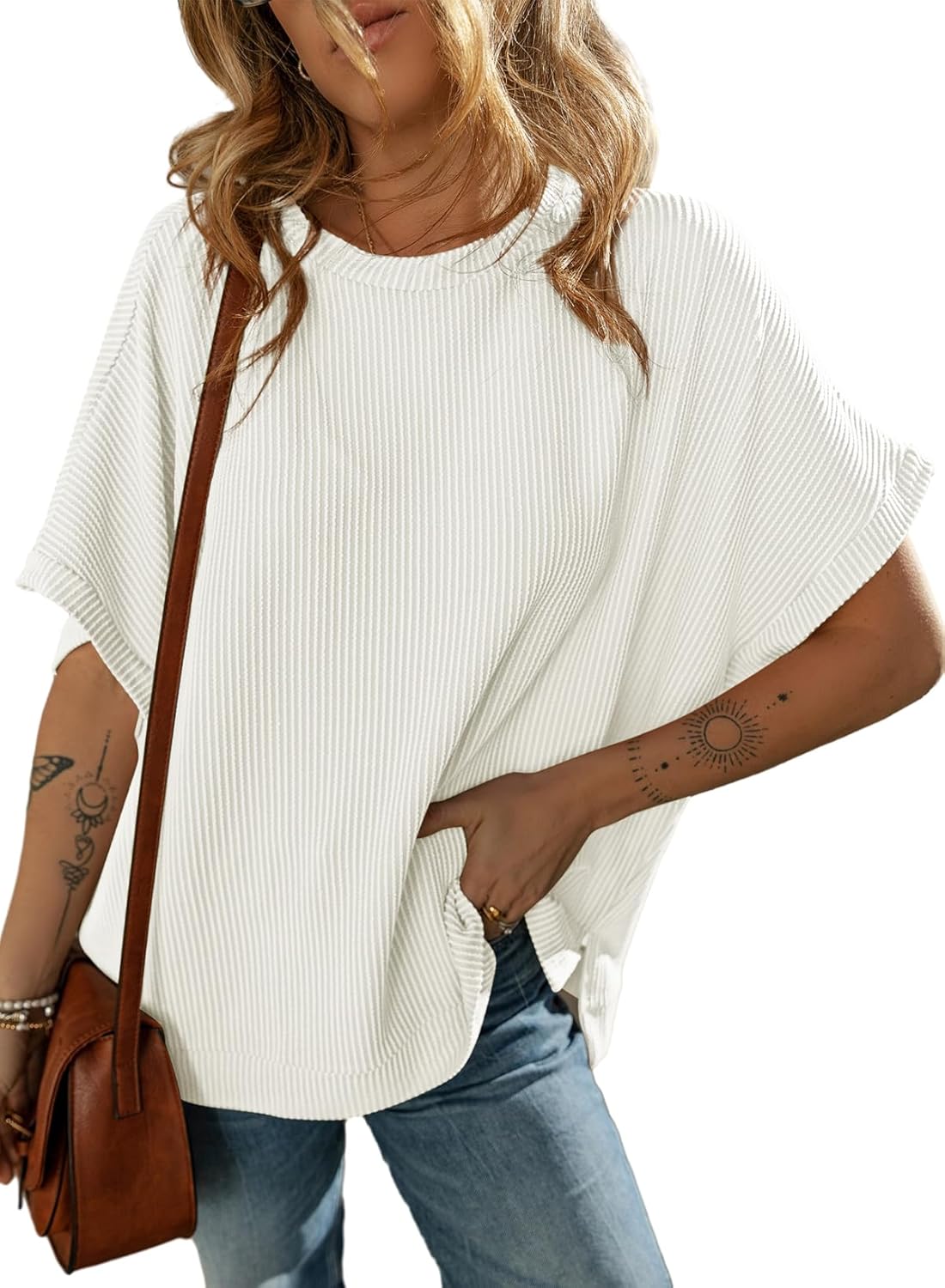 Dokotoo Women's Casual Oversized Short Sleeve Solid Color Loose Texture Knit Tunic Tops Blouses